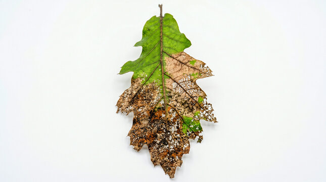 A single oak leaf is shown against a white background, with one half green and healthy, and the other half decaying and brown.