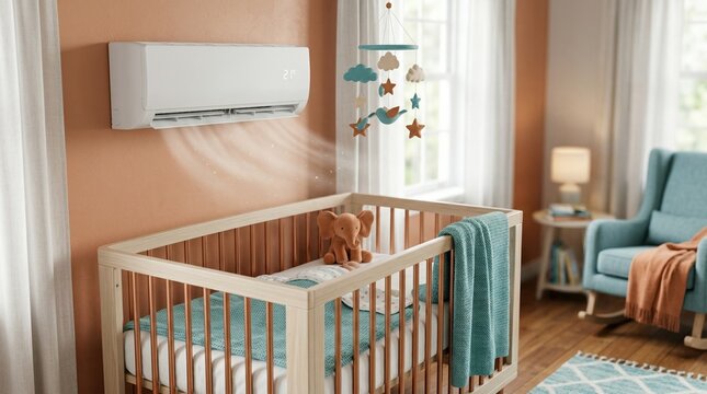 Air conditioning unit blowing cool air in baby nursery. Modern crib with mobile and stuffed toy in comfortable room. Home climate control for infant safety