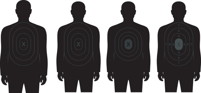 Silhouette human target figures with concentric shooting range patterns and scoring zones for training and accuracy practice