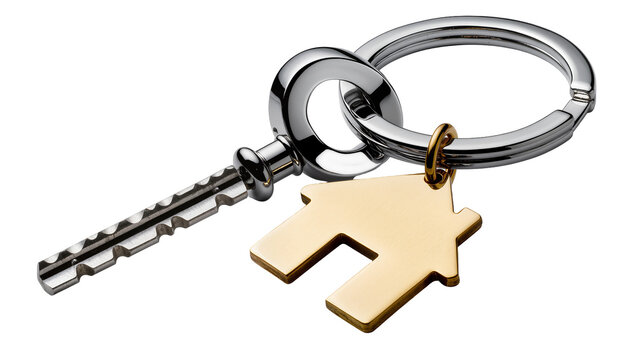 Silver key with gold house charm on keyring