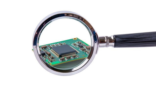 Magnifying glass over electronic circuit board with microchip
