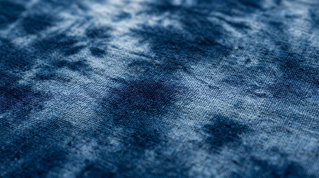 Close up of blue tie dye fabric texture with swirling patterns and soft light creating abstract cloudy shapes and vibrant deep indigo color visible in textile weave.