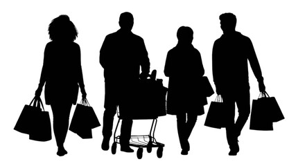 Group of people shopping with bags and cart in store isolated on transparent background, Vector © Rabbe