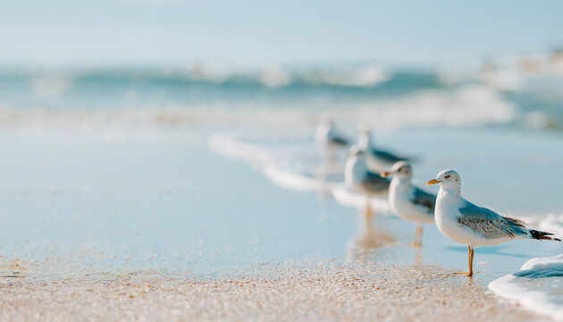 Seagull standing on sandy beach beside rolling sea waves, peaceful coastal video featuring marine wildlife, ocean atmosphere and natural seaside scenery
