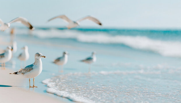 Seagull standing on sandy beach beside rolling sea waves, peaceful coastal video featuring marine wildlife, ocean atmosphere and natural seaside scenery