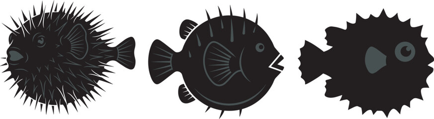 Silhouette illustration set of pufferfish and porcupinefish with spiky and smooth body variations for marine wildlife and ocean design © Hasinur