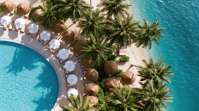 Aerial view of a luxury tropical resort with a pristine pool and turquoise ocean