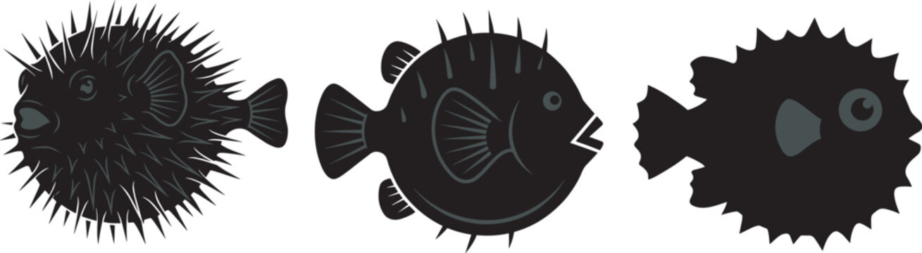 Silhouette illustration set of pufferfish and porcupinefish with spiky and smooth body variations for marine wildlife and ocean design