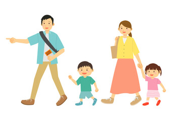Obraz premium 夏に外出をする4人の家族のイラストのセット