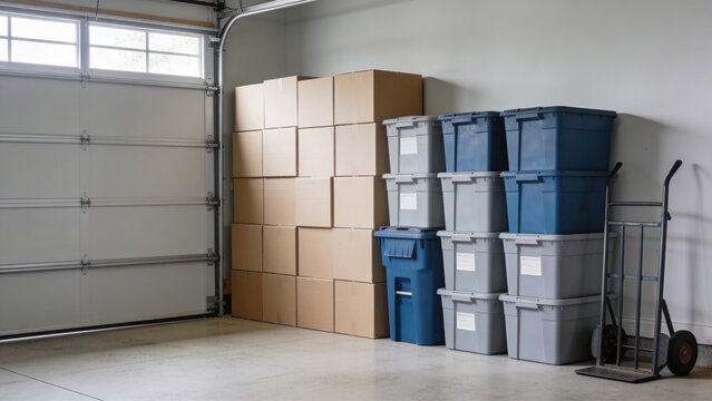 Garage with stacked moving boxes and storage bins for moving day and home organization