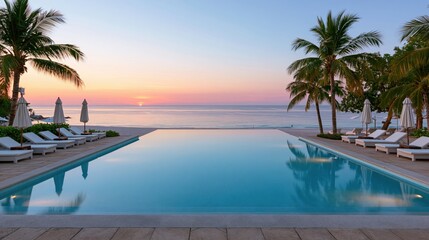 Obraz premium Luxury infinity pool at sunset overlooking a tropical beach with palm trees