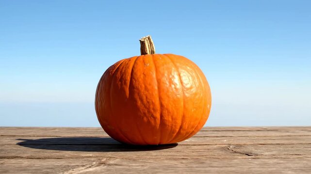 A solitary ripe pumpkin descends gracefully through clear air in a cinematic wide shot, casting a sharp shadow as it approaches a rustic wooden surface below raw, gravity, organic