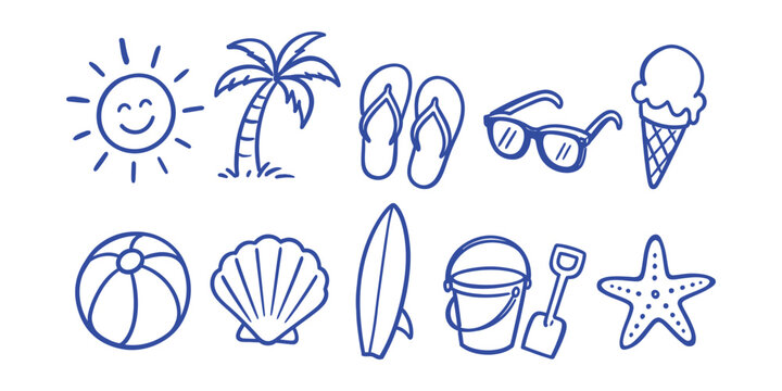 summer beach elements and tropical vacation doodle icon set with sun palm tree sunglasses ice cream and surfboard vector illustration