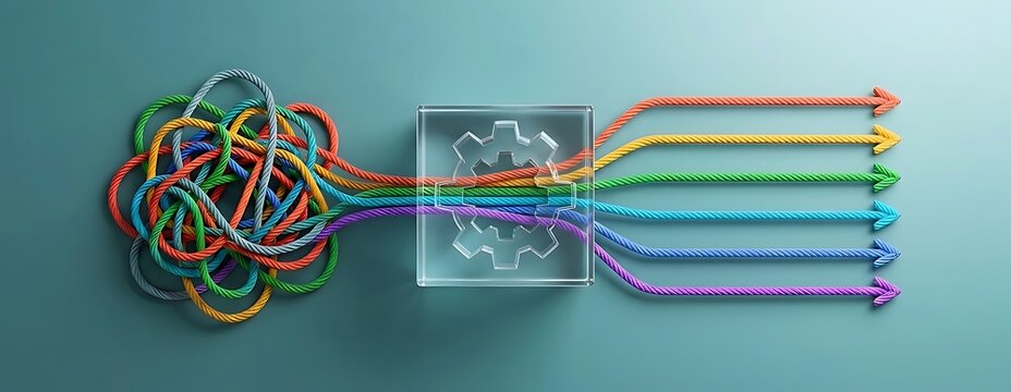 Complex tangled multi-colored ropes are processed through a clear cube with a gear symbol to emerge as organized streamlined arrows