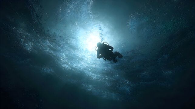 Scuba diver swimming underwater in the deep blue ocean
