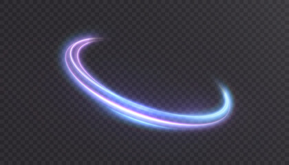 Blue violet magic slash light effect with glowing crescent energy arc, soft curved motion trail and fantasy impact stroke on a dark background, vector overlay element. © Valeriia