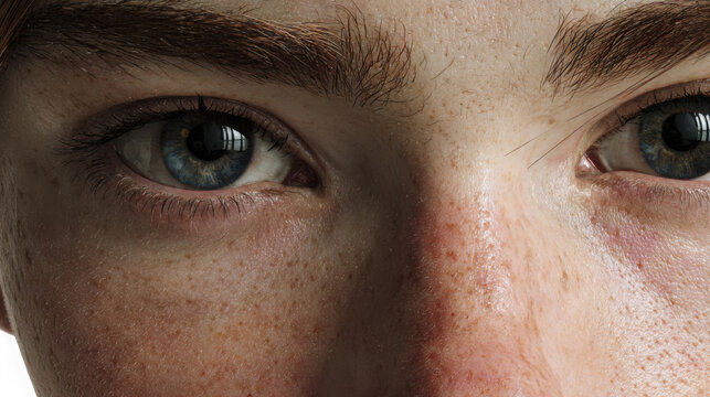 Closeup of a persons eyes with freckles on their face isolated on transparent background