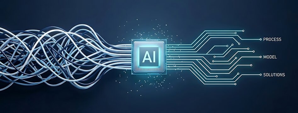 Artificial intelligence chip processing complex data inputs into structured outputs like process, model, and solutions for advanced technological applications.