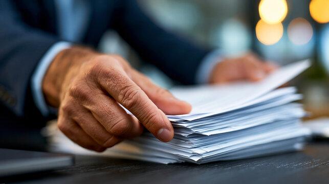 Close-up of a professional's hands neatly organizing a stack of financial reports and unbranded contracts on a dark mahogany desk, dark business suit sleeves, shallow depth of fiel