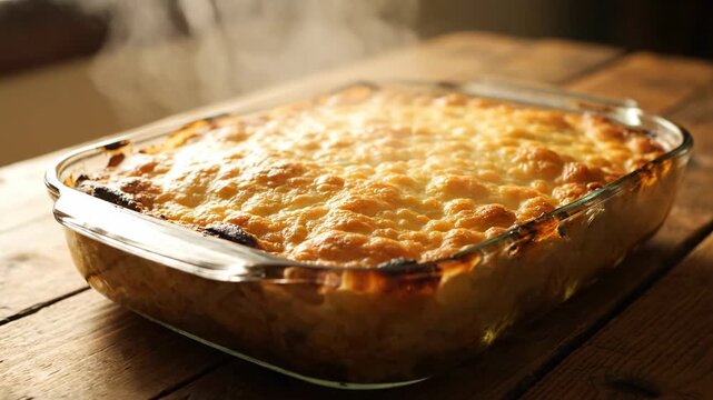 A warm, steaming casserole dish filled with a rich, golden-brown topping sits on a rustic wooden table bathed in soft, inviting light healthy choices, rich golden-brown topping, cooking
