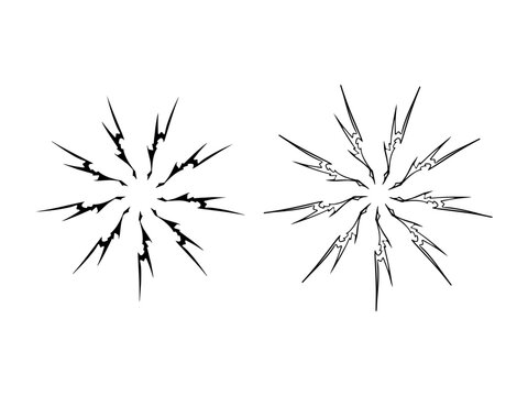 Lightning bolt starburst graphic asset collection. Two alternative cyber goth style electric current sunburst shapes in bold black silhouette and thin outline isolated on a white backdrop.