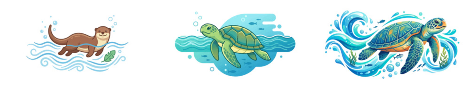 Cartoon otter, sea turtle swimming in ocean waves illustration set