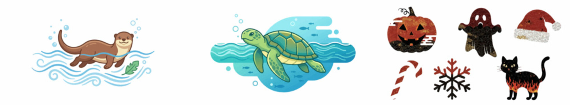 Cartoon otter swimming with seaweed and sea turtle in water