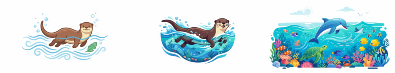 Fototapeta premium Cartoon otter swimming in ocean waves with coral background (1)
