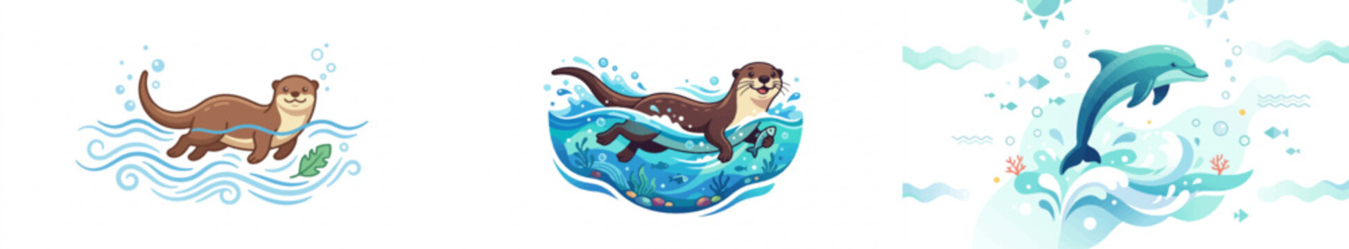 Cartoon otter and dolphin swimming in ocean with underwater elements