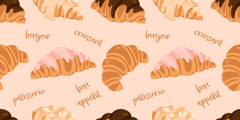 Colorful seamless pattern with an assortment of chocolate, pink, and almond croissants mixed with french bakery lettering. Vibrant pastry vector backdrop for cafe menu backgrounds and food packaging © Helen