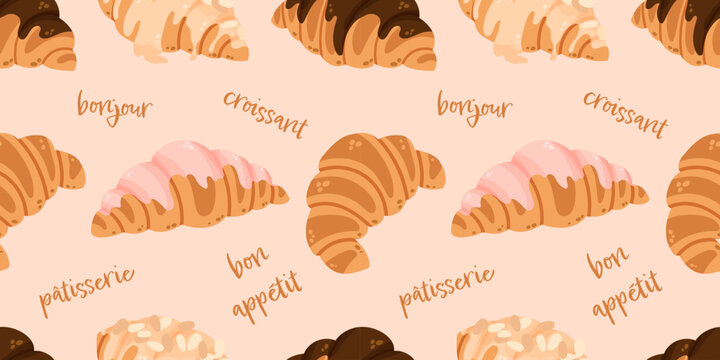 Colorful seamless pattern with an assortment of chocolate, pink, and almond croissants mixed with french bakery lettering. Vibrant pastry vector backdrop for cafe menu backgrounds and food packaging