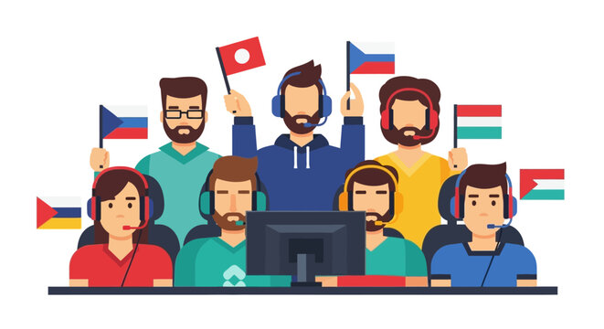 Professional E-sports Team and International Gamers Group with Headsets and Flags in Flat Vector Illustration Style for Online Gaming Competition and Tournament Concepts