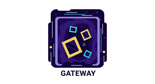 Futuristic Cosmic Gateway Icon Illustration with Floating Geometric Shapes and Galaxy Background