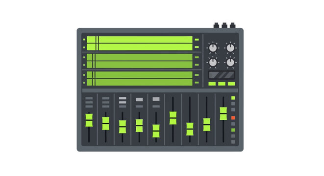 Professional Digital Audio Mixer Console Flat Illustration. Sound Board for Music Production, Recording Studio, and Podcast Equipment.