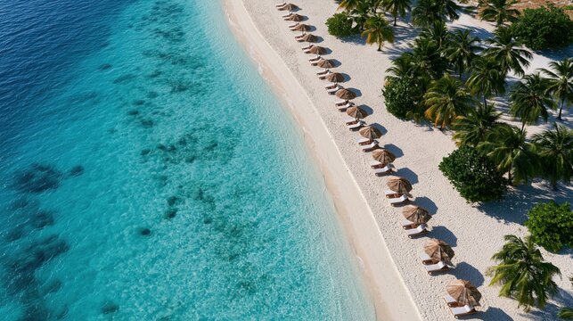 Aerial view of a tropical island shoreline with palm trees and beach umbrellas
