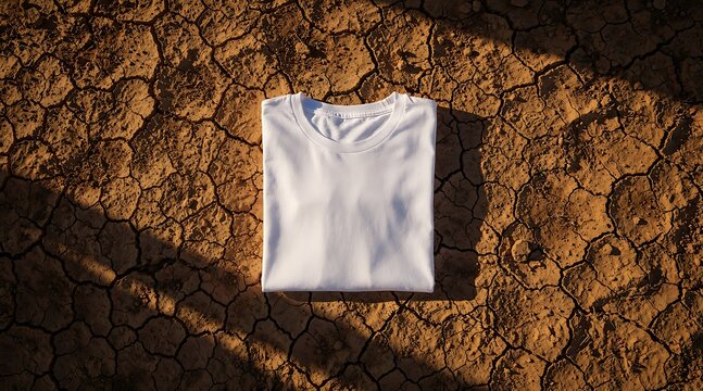 Minimalist White T-Shirt Flat Lay on Cracked Earth Texture.