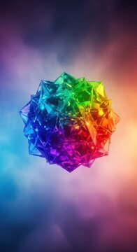Floating impossible crystalline structure hovering in a vibrant digital fog, creating a complex, conceptual, and dreamlike atmosphere, colorful, abstract, manipulation