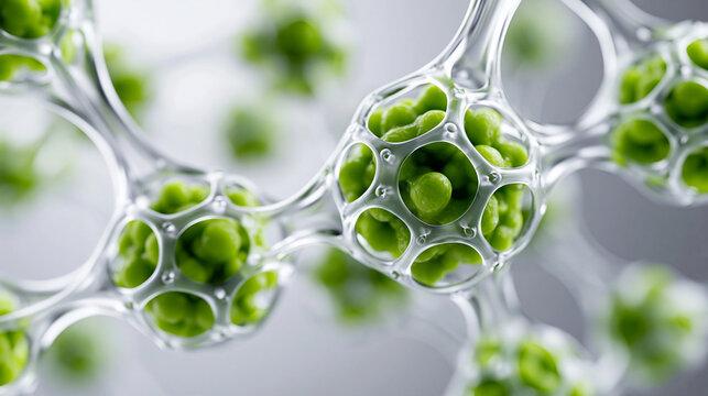 minimal futuristic biomaterial structure, soft green organic cores wrapped in transparent elastic membrane network, delicate white molecular lines, pale gray background, clean prem