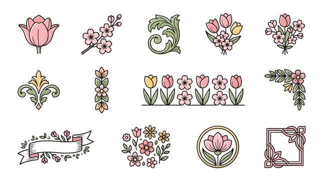 Artistic botanical spring banner featuring delicate tulips and soft cherry blossoms with vintage photocopy textures handcrafted for elegant studio decor wall art editorial design and creativ