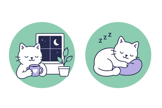 Cute set of cat icon badges for sleep, vector illustrations of kittens for bedtime routine and self care 