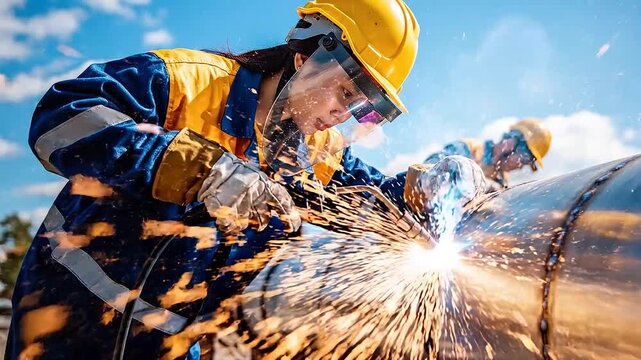 Woman in protective gear welding a large metal pipe outdoors on a sunny day with sparks flying