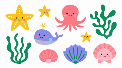 Sea life vector set, cute marine animal stickers with octopus and whale for kids design © Stock Master 