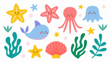 Obraz premium Sea life vector set, cute cartoon ocean animals and marine elements for kids design projects