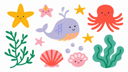 Fototapeta premium Sea life vector set, cute hand drawn ocean animals and marine elements for kids design projects