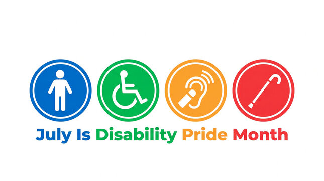 July is disability pride month with four circular accessibility