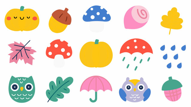 Autumn doodle icons set, cute flat vector elements for seasonal fall marketing and web design