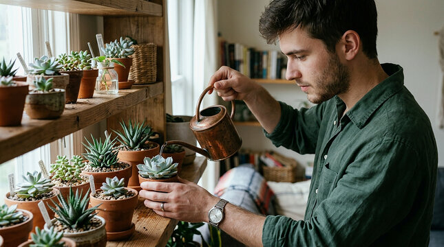 Young man watering a collection of various succulents in terracotta pots on wooden shelves at home