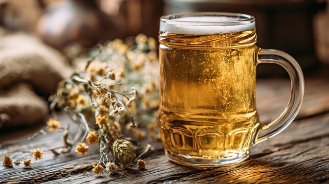 Golden Beer Mug Near Dried Flowers on Wood
