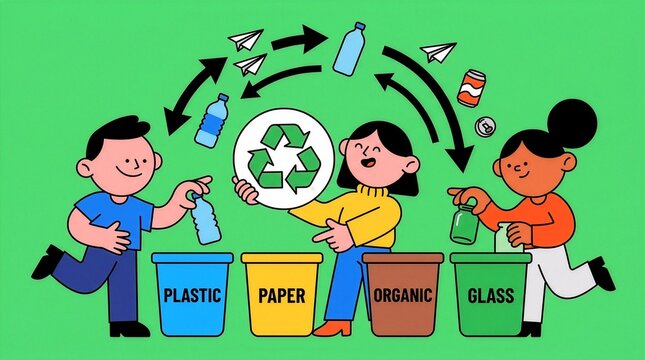 Children recycling waste into separate bins for environmental sustainability