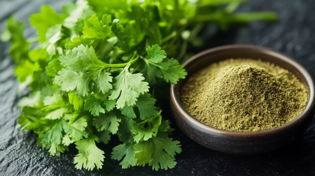 Fresh Green Cilantro Leaves with Ground Cilantro Spice in a Bowl on Dark Rustic Surface